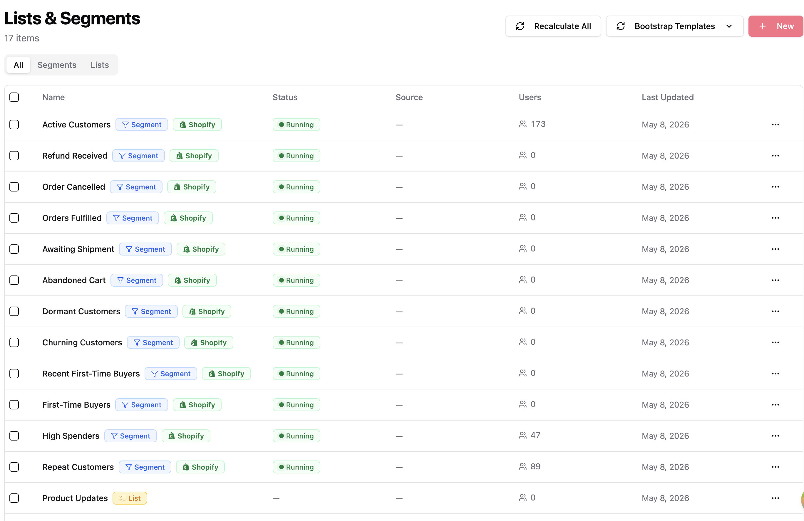 Customer segment list screen